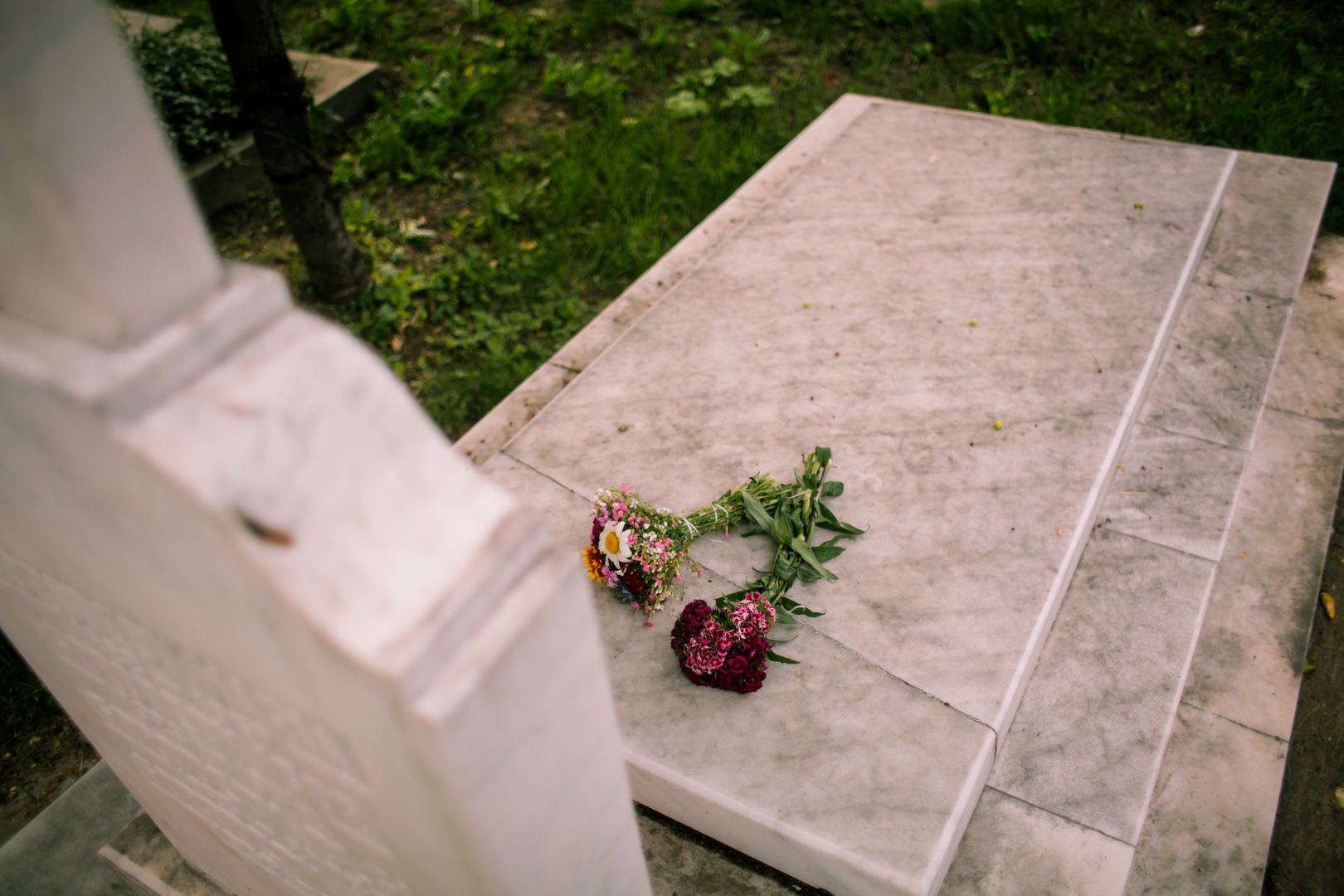 1. Eine Blume liegt auf einem Grab in einem Friedhof, symbolisiert Trauer und Erinnerung an den Verstorbenen.